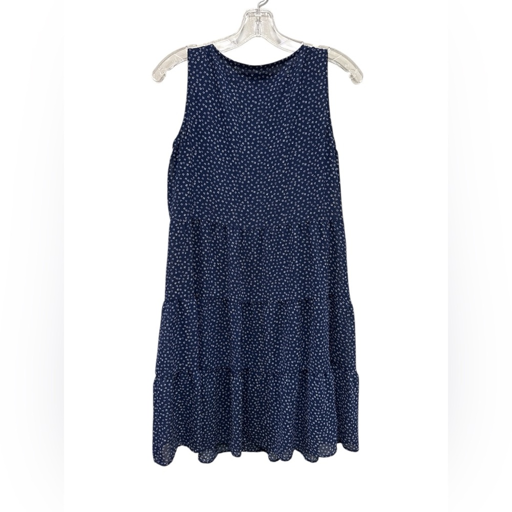 Navy Blue Tiered Sleeveless Dress with White Micro Print - Picture 2 of 5